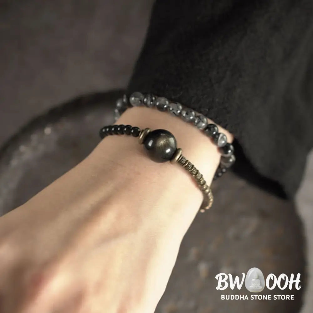 Buddha Stones Gold Sheen Obsidian Black Rutilated Quartz Copper Brass Double Wrap Protection Bracelet - BWOOOH