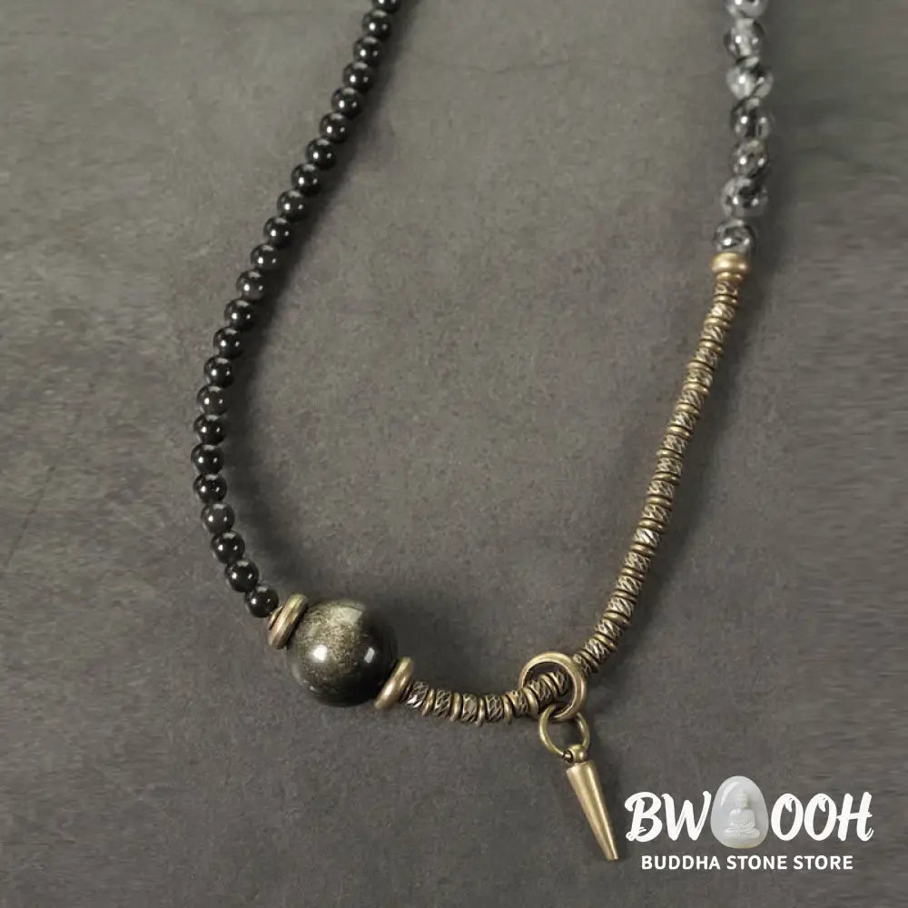 Buddha Stones Gold Sheen Obsidian Black Rutilated Quartz Copper Brass Double Wrap Protection Bracelet - BWOOOH