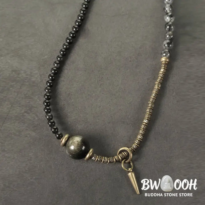 Buddha Stones Gold Sheen Obsidian Black Rutilated Quartz Copper Brass Double Wrap Protection Bracelet - BWOOOH