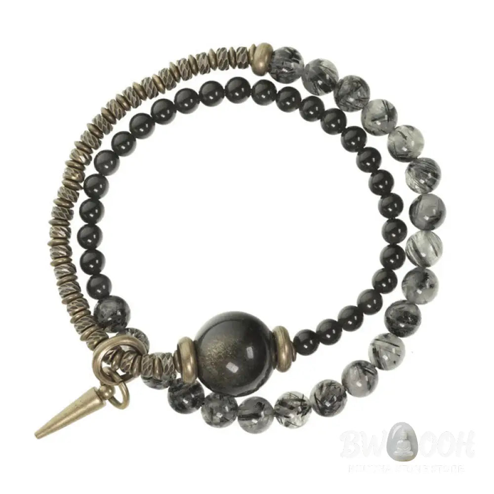 Buddha Stones Gold Sheen Obsidian Black Rutilated Quartz Copper Brass Double Wrap Protection Bracelet - BWOOOH