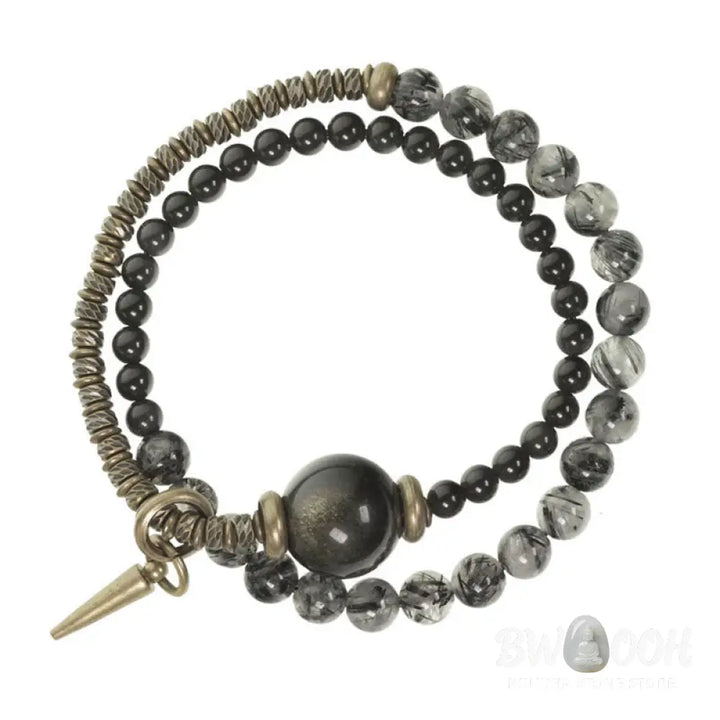 Buddha Stones Gold Sheen Obsidian Black Rutilated Quartz Copper Brass Double Wrap Protection Bracelet - BWOOOH