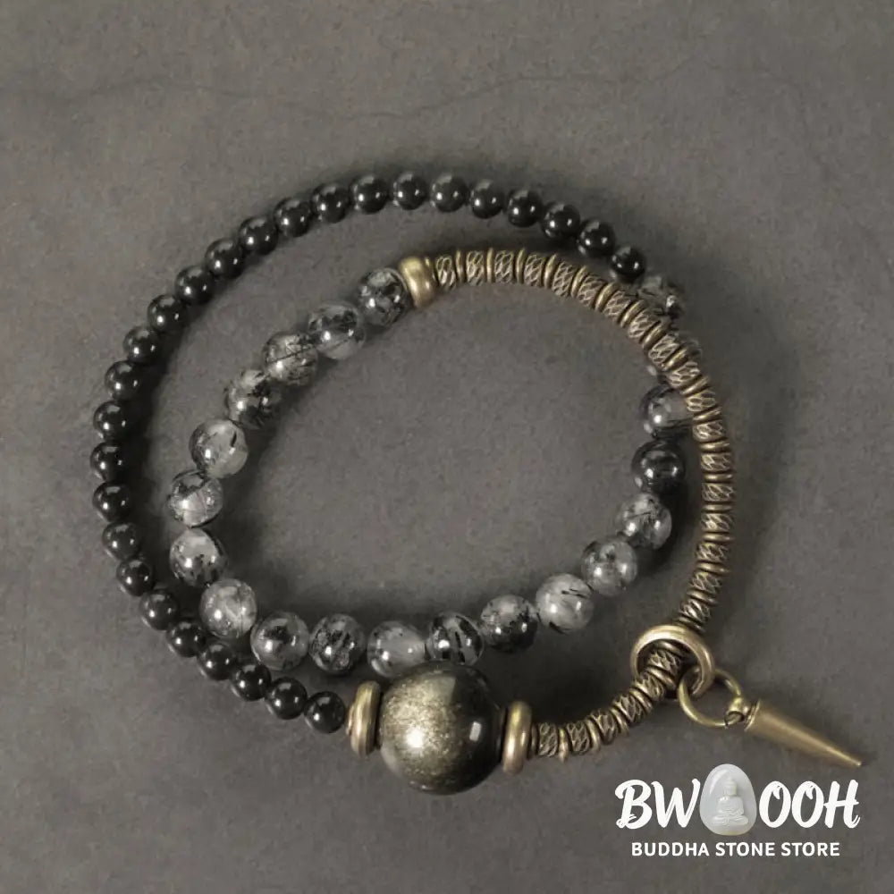 Buddha Stones Gold Sheen Obsidian Black Rutilated Quartz Copper Brass Double Wrap Protection Bracelet - BWOOOH