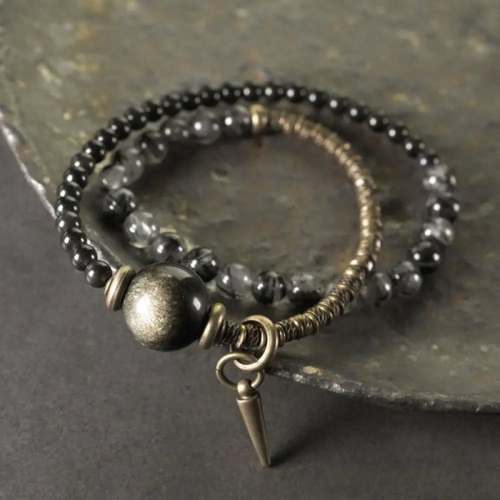 BWOOOH Gold Sheen Obsidian Black Rutilated Quartz Copper Brass Double Wrap Protection Bracelet - BWOOOH - Gold