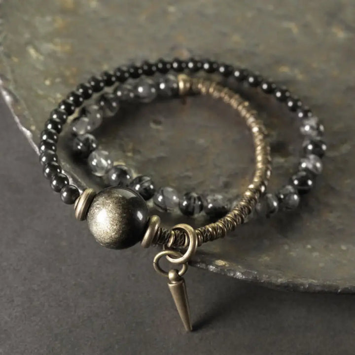 BWOOOH Gold Sheen Obsidian Black Rutilated Quartz Copper Brass Double Wrap Protection Bracelet - BWOOOH - Gold