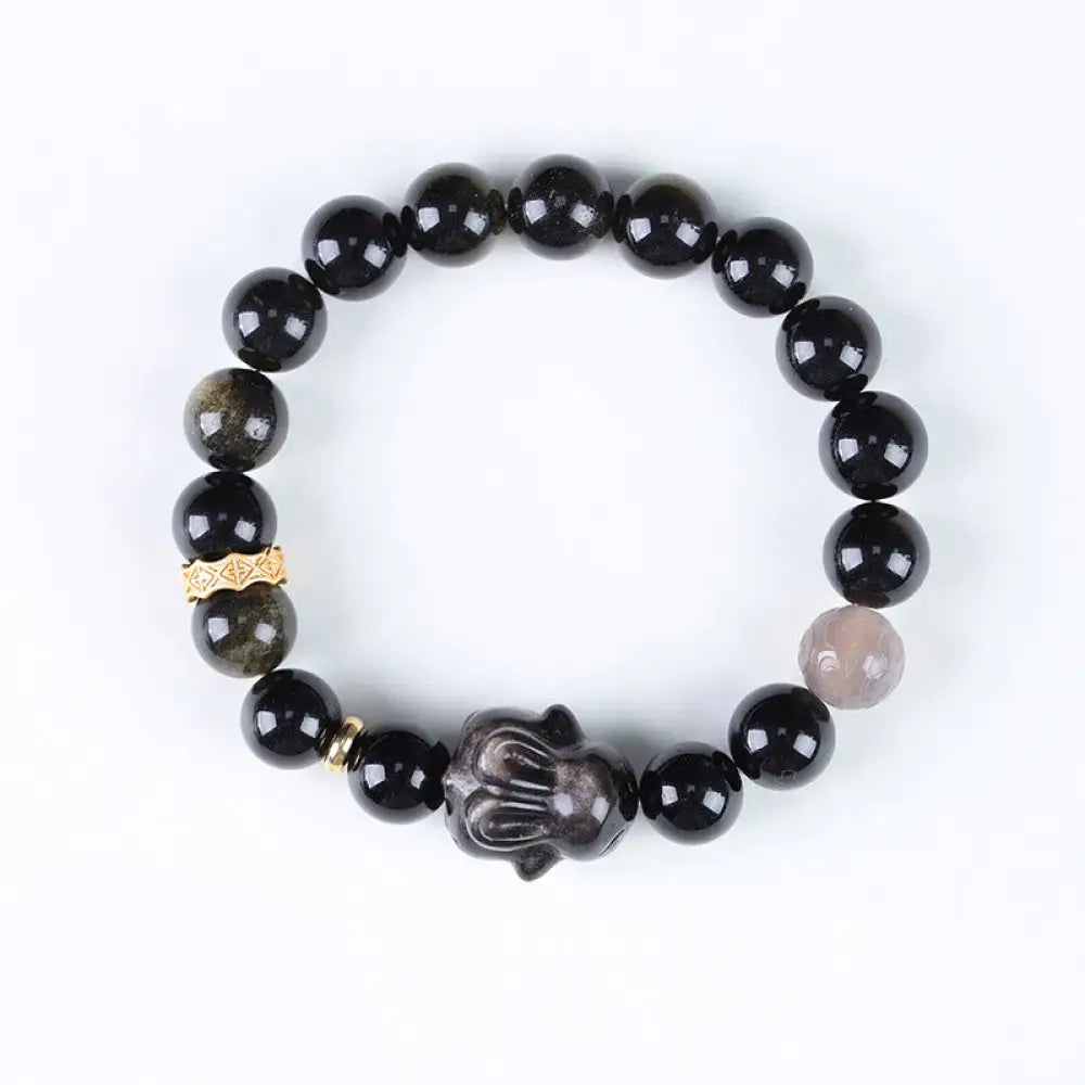 Buddha Stones Gold Sheen Obsidian Black Obsidian Silver Sheen Obsidian Cute Rabbit Protection Bracelet - BWOOOH