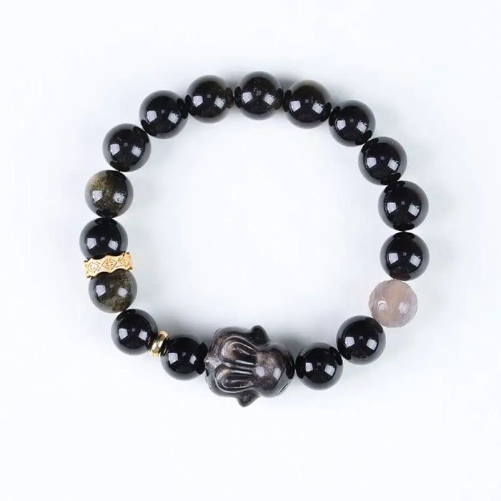 Buddha Stones Gold Sheen Obsidian Black Obsidian Silver Sheen Obsidian Cute Rabbit Protection Bracelet - BWOOOH