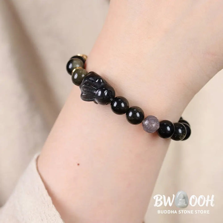 Buddha Stones Gold Sheen Obsidian Black Obsidian Silver Sheen Obsidian Cute Rabbit Protection Bracelet - BWOOOH