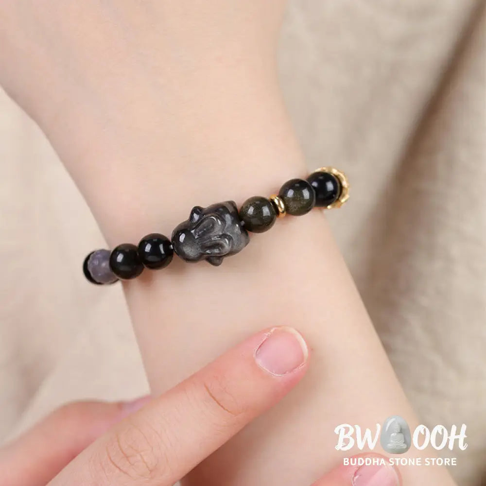 Buddha Stones Gold Sheen Obsidian Black Obsidian Silver Sheen Obsidian Cute Rabbit Protection Bracelet - BWOOOH