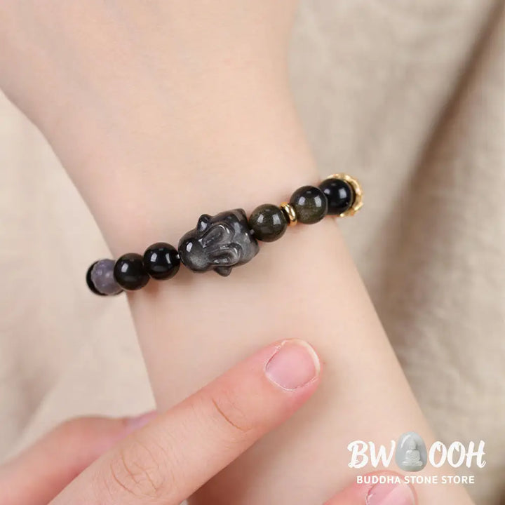Buddha Stones Gold Sheen Obsidian Black Obsidian Silver Sheen Obsidian Cute Rabbit Protection Bracelet - BWOOOH