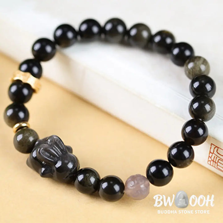 Buddha Stones Gold Sheen Obsidian Black Obsidian Silver Sheen Obsidian Cute Rabbit Protection Bracelet - BWOOOH