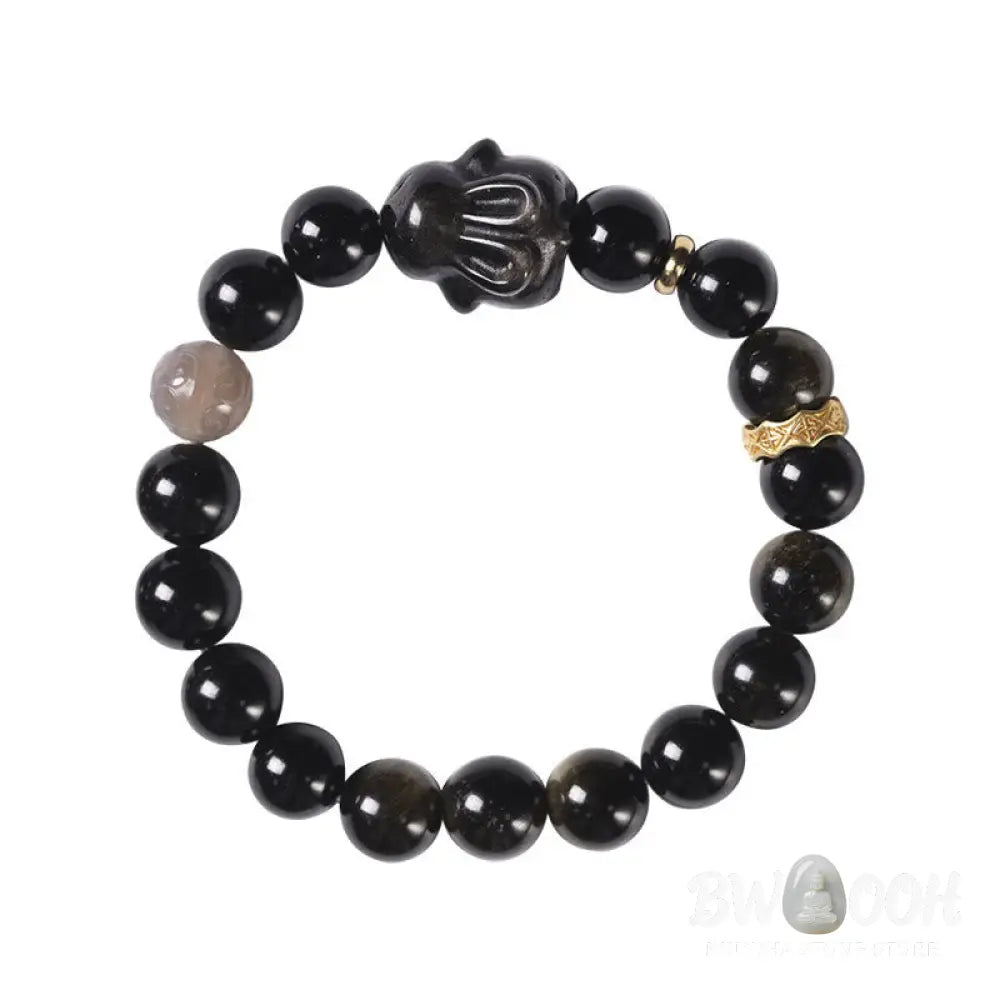 Buddha Stones Gold Sheen Obsidian Black Obsidian Silver Sheen Obsidian Cute Rabbit Protection Bracelet - BWOOOH