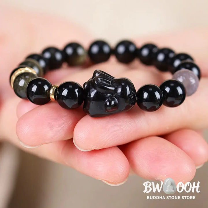 Buddha Stones Gold Sheen Obsidian Black Obsidian Silver Sheen Obsidian Cute Rabbit Protection Bracelet - BWOOOH
