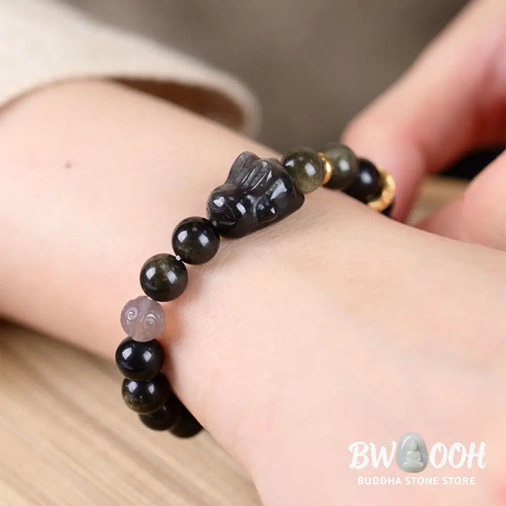 Buddha Stones Gold Sheen Obsidian Black Obsidian Silver Sheen Obsidian Cute Rabbit Protection Bracelet - BWOOOH