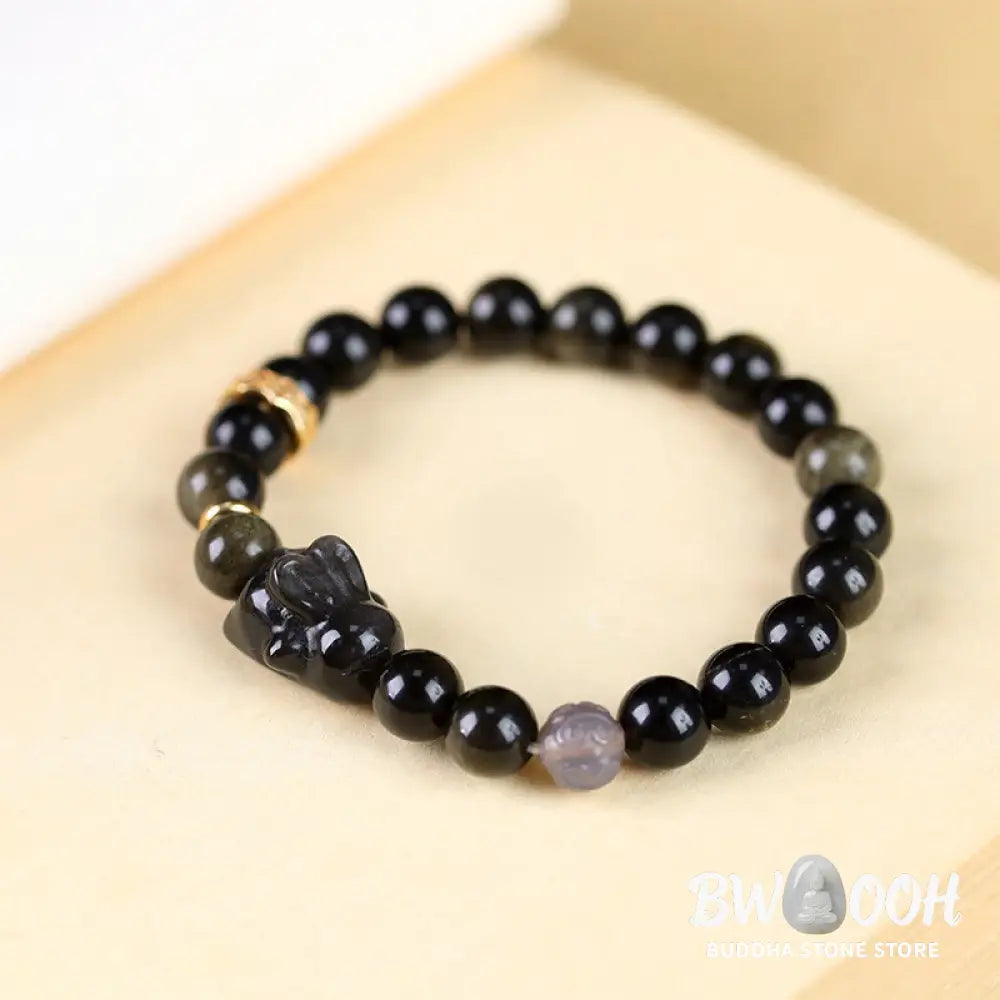 Buddha Stones Gold Sheen Obsidian Black Obsidian Silver Sheen Obsidian Cute Rabbit Protection Bracelet - BWOOOH