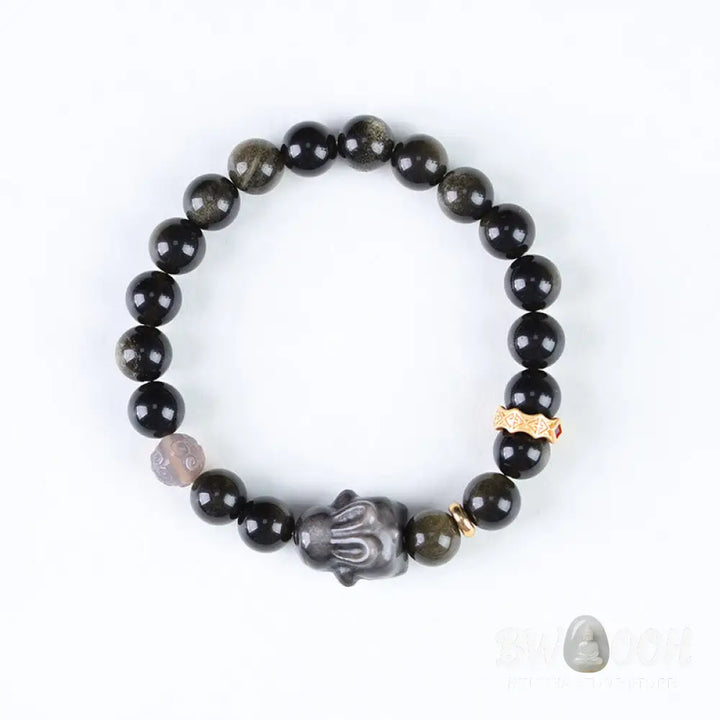 Buddha Stones Gold Sheen Obsidian Black Obsidian Silver Sheen Obsidian Cute Rabbit Protection Bracelet - BWOOOH