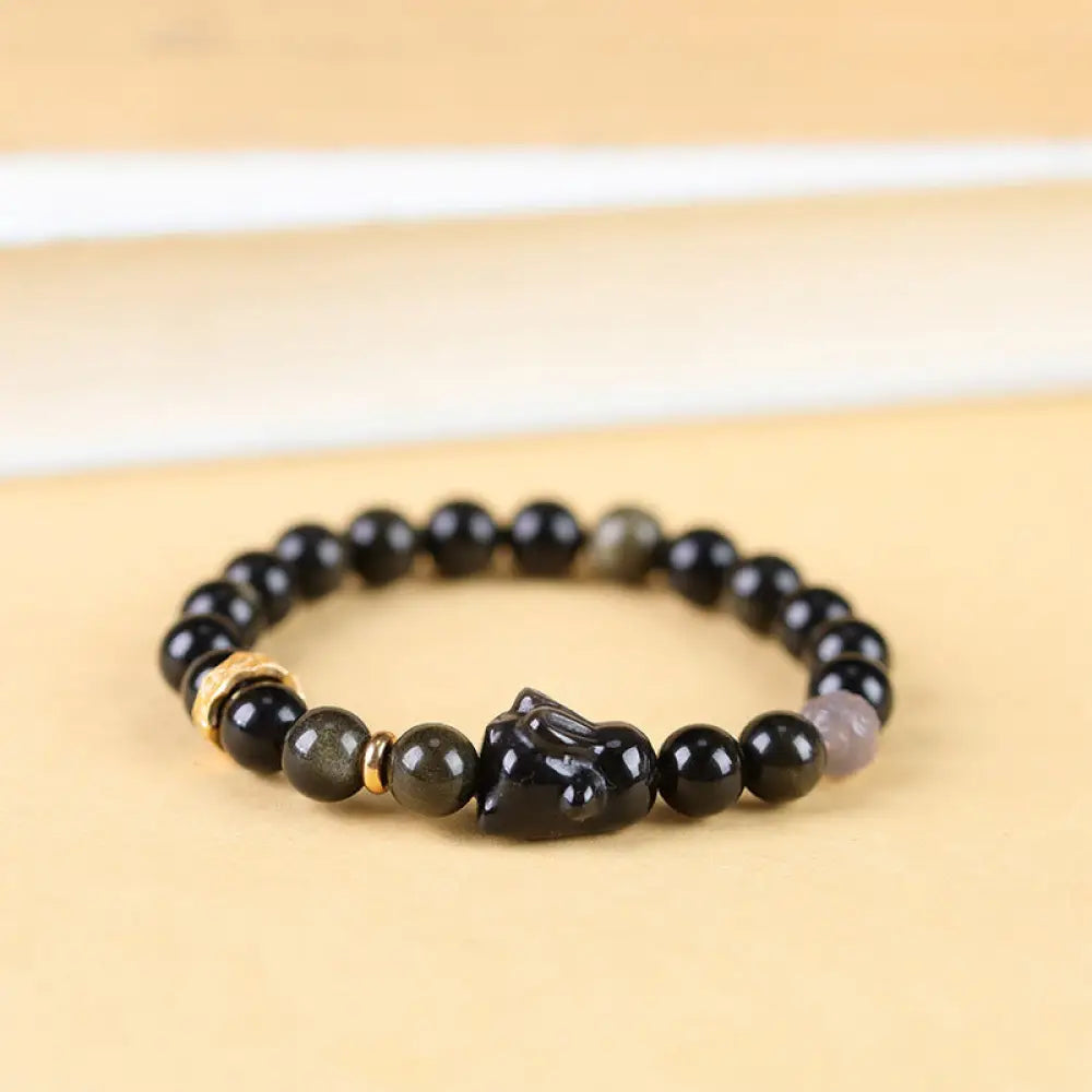 BWOOOH Gold Sheen Obsidian Black Obsidian Silver Sheen Obsidian Cute Rabbit Protection Bracelet - BWOOOH