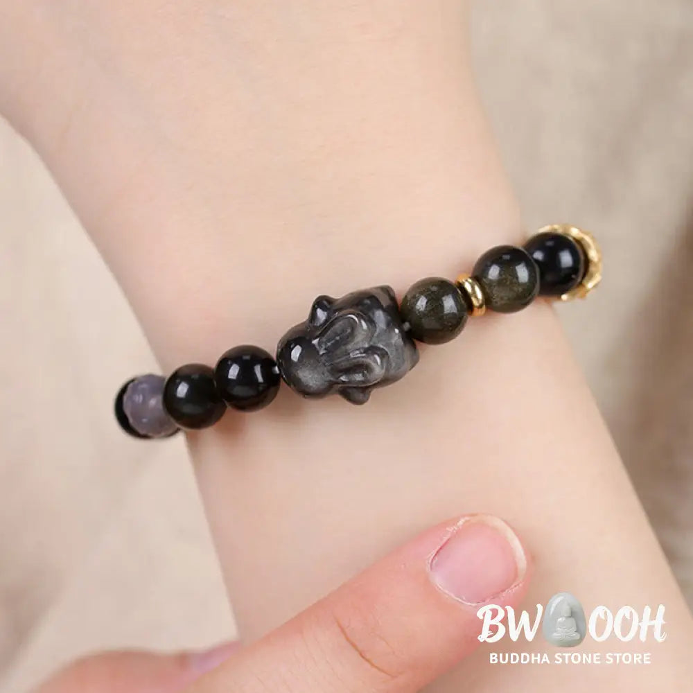 Buddha Stones Gold Sheen Obsidian Black Obsidian Silver Sheen Obsidian Cute Rabbit Protection Bracelet - BWOOOH