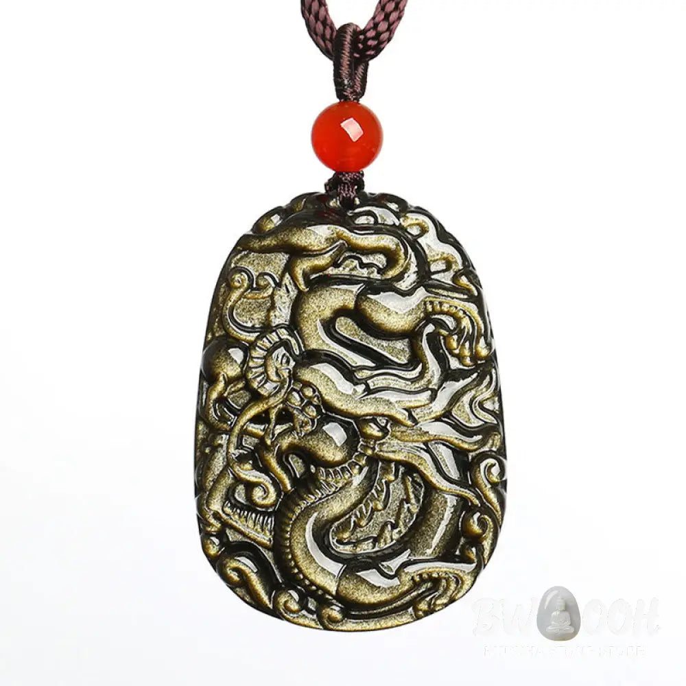 Buddha Stones Gold Sheen Obsidian Dragon Pattern Success Necklace Pendant - BWOOOH - Gold Sheen Obsidian - Necklaces &amp;