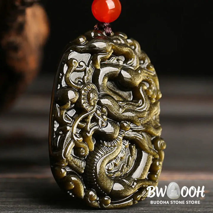 Buddha Stones Gold Sheen Obsidian Dragon Pattern Success Necklace Pendant - BWOOOH - Gold Sheen Obsidian - Necklaces &amp;