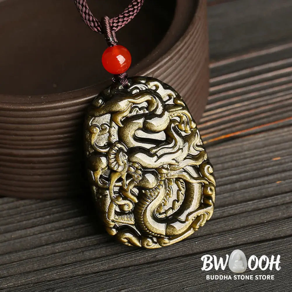 Buddha Stones Gold Sheen Obsidian Dragon Pattern Success Necklace Pendant - BWOOOH - Gold Sheen Obsidian - Necklaces &