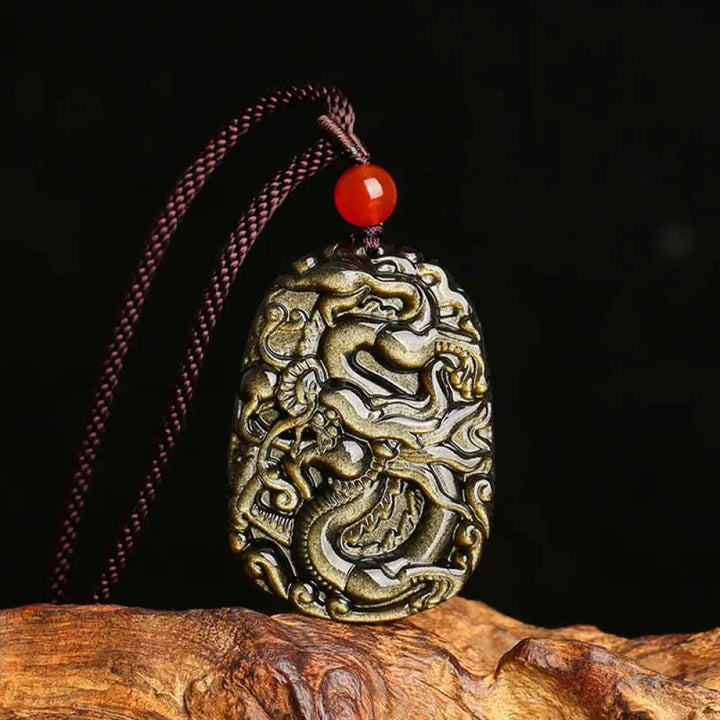 Buddha Stones Gold Sheen Obsidian Dragon Pattern Success Necklace Pendant - BWOOOH - Gold Sheen Obsidian - Necklaces &amp;