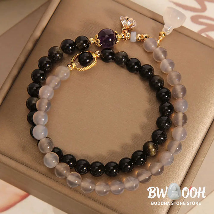 Buddha Stones Gold Sheen Obsidian Gray Agate Lotus Charm Strengthen Double Wrap Bracelet - BWOOOH - Gold Sheen Obsidian