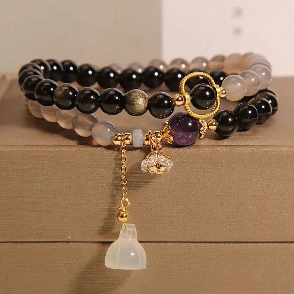 BWOOOH Gold Sheen Obsidian Gray Agate Lotus Charm Strengthen Double Wrap Bracelet - BWOOOH - Gold Sheen Obsidian