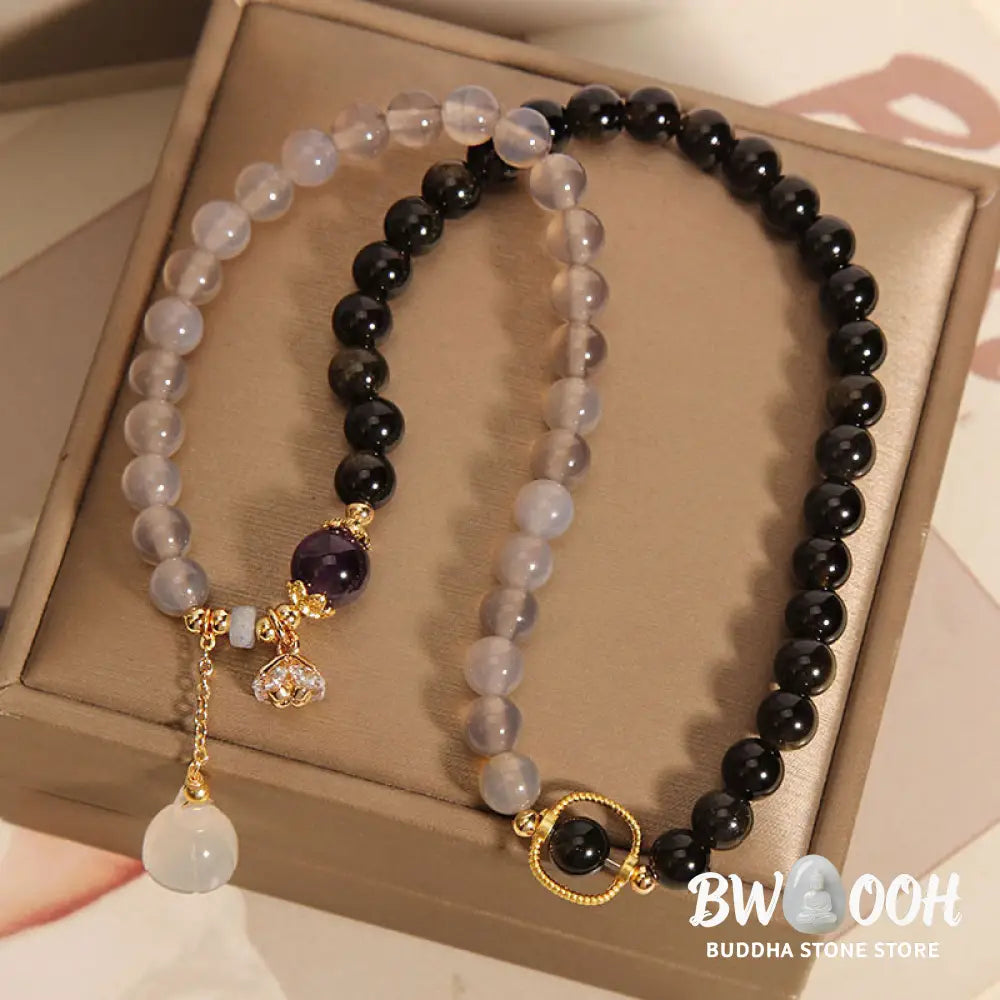 Buddha Stones Gold Sheen Obsidian Gray Agate Lotus Charm Strengthen Double Wrap Bracelet - BWOOOH - Gold Sheen Obsidian