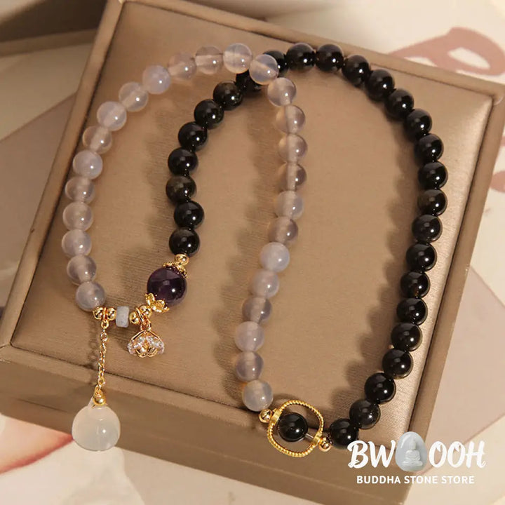 Buddha Stones Gold Sheen Obsidian Gray Agate Lotus Charm Strengthen Double Wrap Bracelet - BWOOOH - Gold Sheen Obsidian