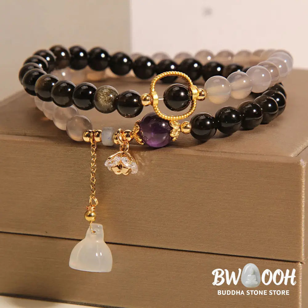 Buddha Stones Gold Sheen Obsidian Gray Agate Lotus Charm Strengthen Double Wrap Bracelet - BWOOOH - Gold Sheen Obsidian