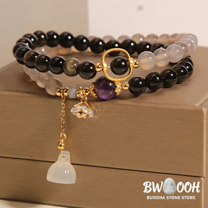 Buddha Stones Gold Sheen Obsidian Gray Agate Lotus Charm Strengthen Double Wrap Bracelet - BWOOOH - Gold Sheen Obsidian