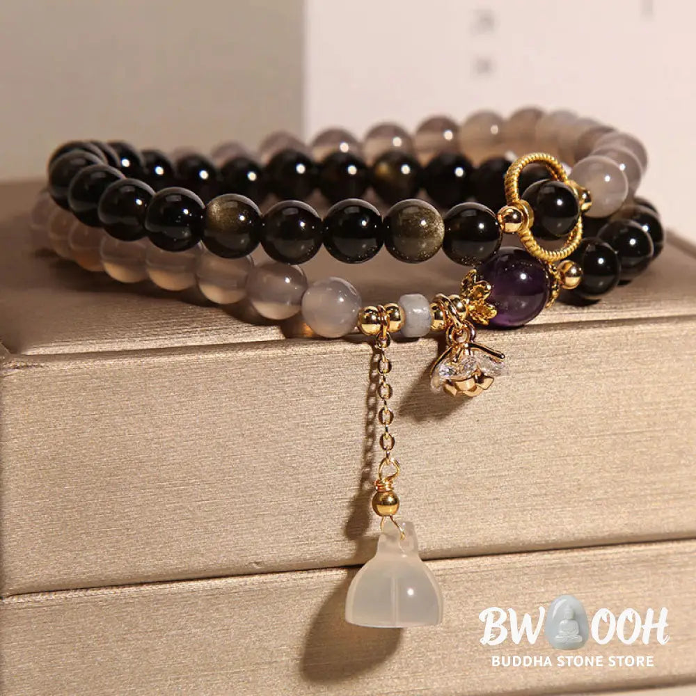 Buddha Stones Gold Sheen Obsidian Gray Agate Lotus Charm Strengthen Double Wrap Bracelet - BWOOOH - Gold Sheen Obsidian