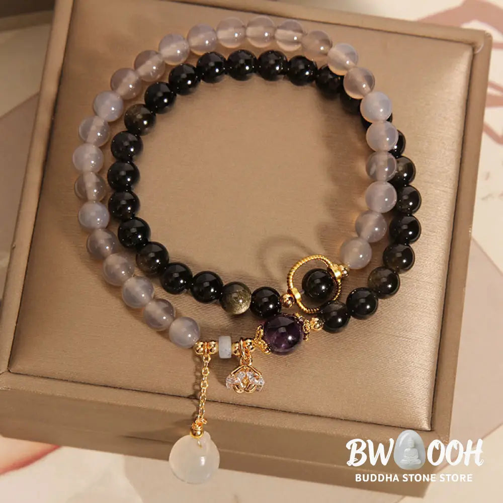Buddha Stones Gold Sheen Obsidian Gray Agate Lotus Charm Strengthen Double Wrap Bracelet - BWOOOH - Gold Sheen Obsidian