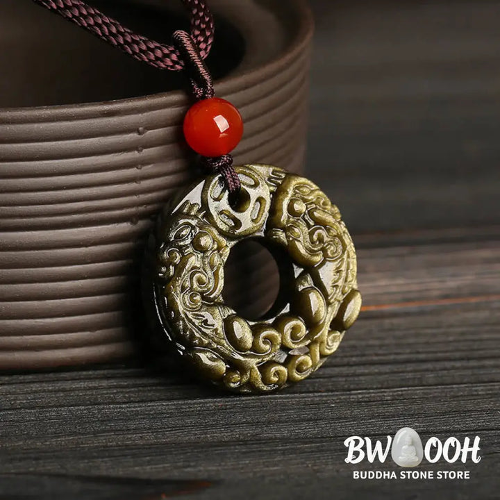 Buddha Stones Gold Sheen Obsidian Peace Buckle Pixiu Copper Coin Wealth Necklace Pendant - BWOOOH - Gold Sheen Obsidian
