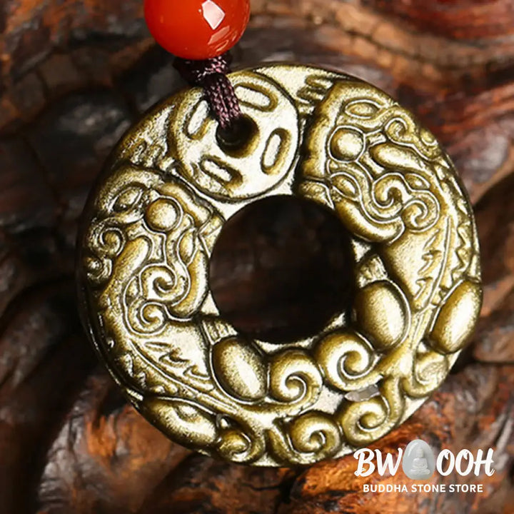 Buddha Stones Gold Sheen Obsidian Peace Buckle Pixiu Copper Coin Wealth Necklace Pendant - BWOOOH - Gold Sheen Obsidian
