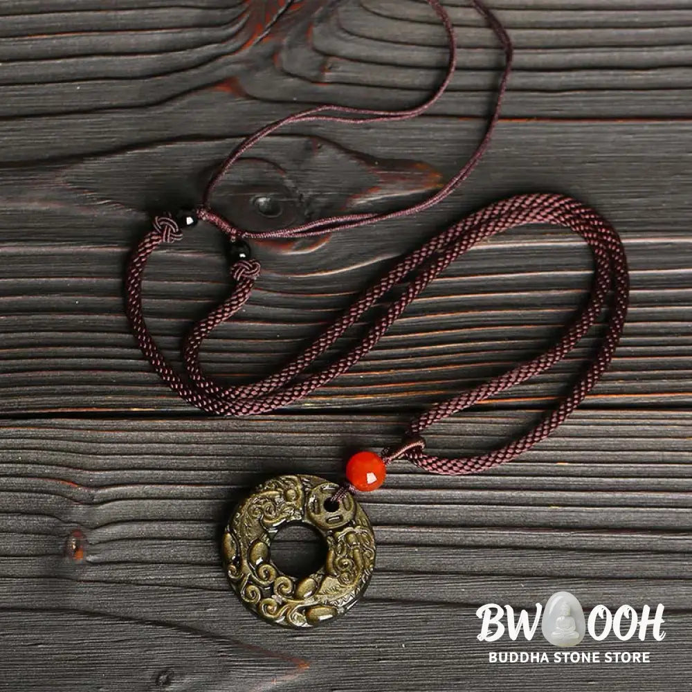 Buddha Stones Gold Sheen Obsidian Peace Buckle Pixiu Copper Coin Wealth Necklace Pendant - BWOOOH - Gold Sheen Obsidian