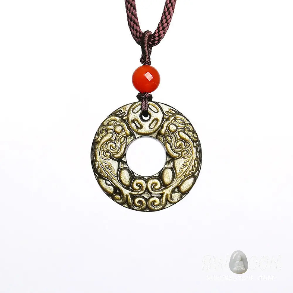 Buddha Stones Gold Sheen Obsidian Peace Buckle Pixiu Copper Coin Wealth Necklace Pendant - BWOOOH - Gold Sheen Obsidian