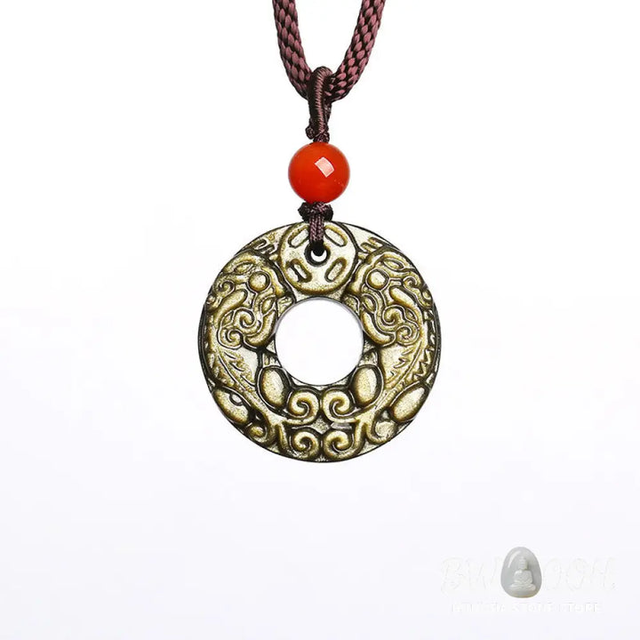 Buddha Stones Gold Sheen Obsidian Peace Buckle Pixiu Copper Coin Wealth Necklace Pendant - BWOOOH - Gold Sheen Obsidian
