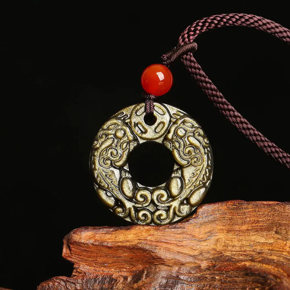 BWOOOH Gold Sheen Obsidian Peace Buckle Pixiu Copper Coin Wealth Necklace Pendant 45cm