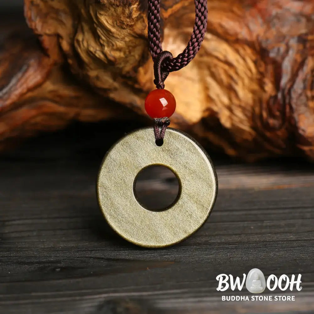 Buddha Stones Gold Sheen Obsidian Peace Buckle Pixiu Copper Coin Wealth Necklace Pendant - BWOOOH - Gold Sheen Obsidian