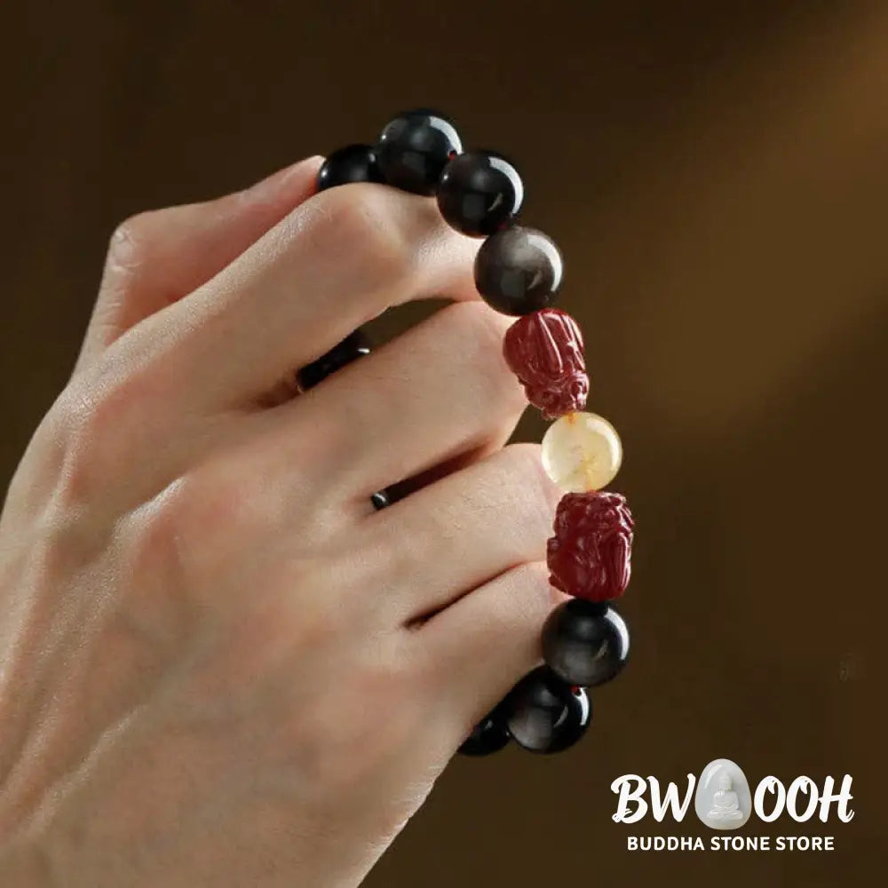 Buddha Stones Gold Sheen Obsidian PiXiu Cinnabar Om Mani Padme Hum Protection Bracelet - Gold Sheen Obsidian