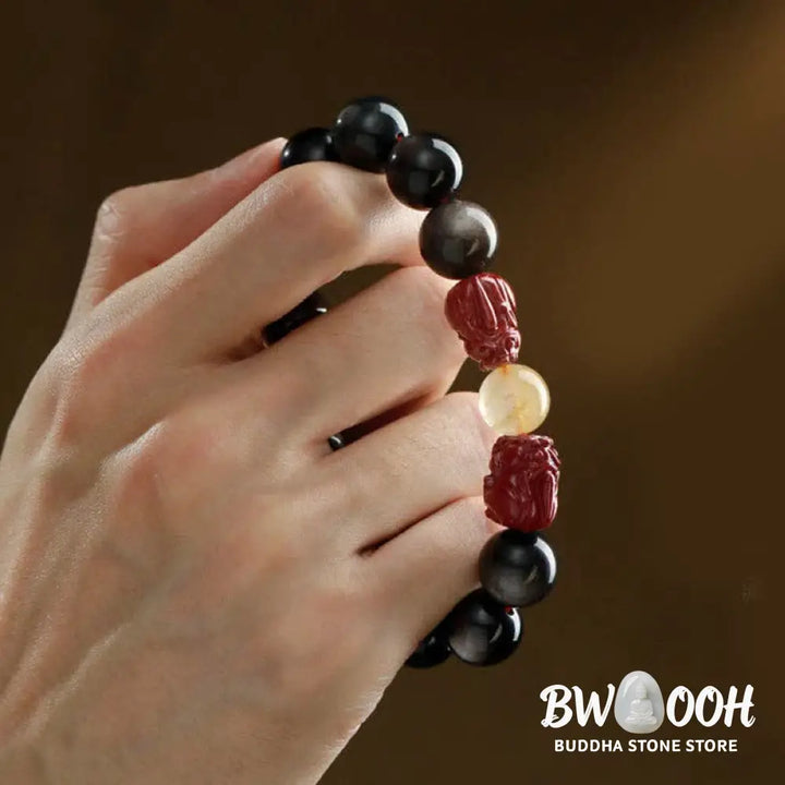Buddha Stones Gold Sheen Obsidian PiXiu Cinnabar Om Mani Padme Hum Protection Bracelet - Gold Sheen Obsidian