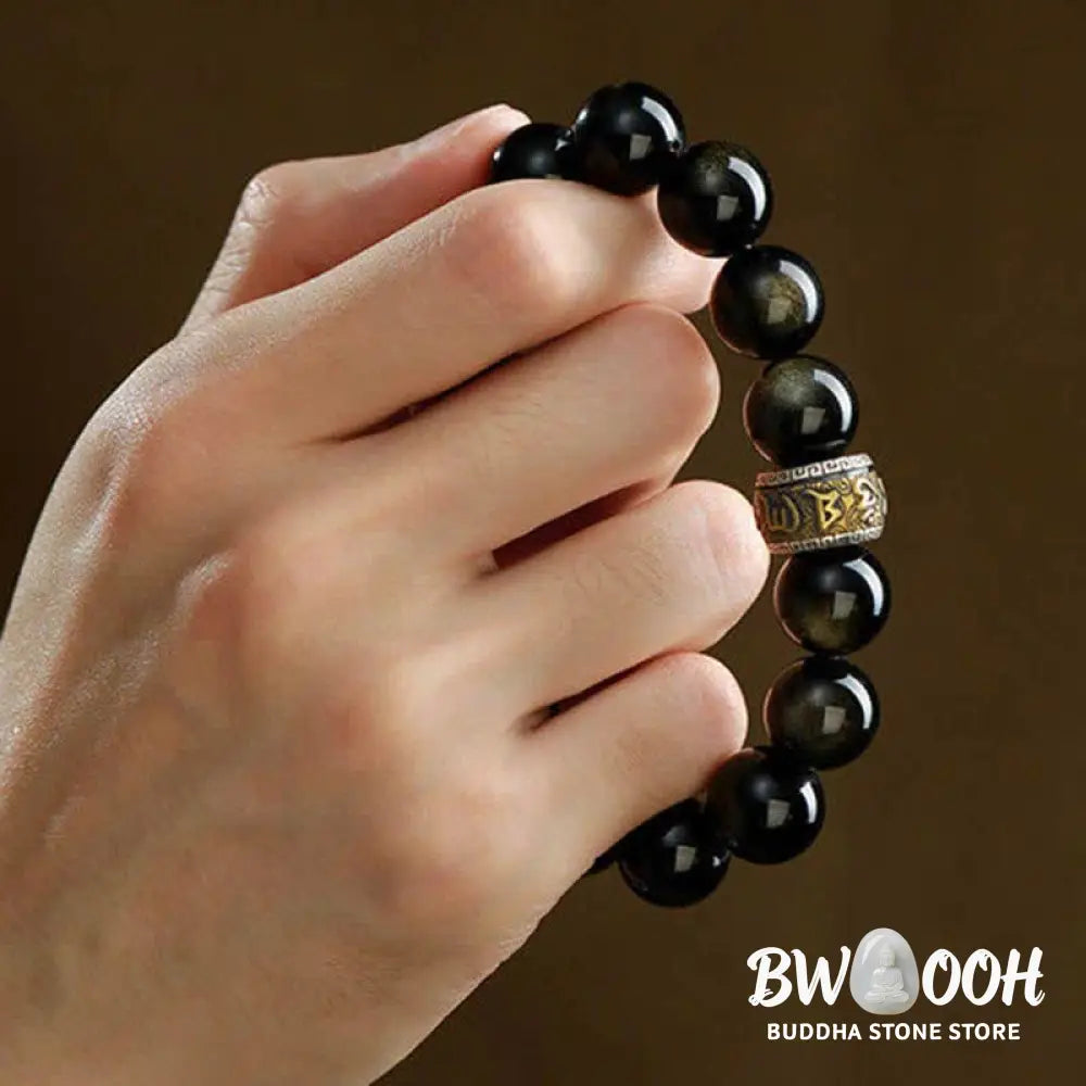 Buddha Stones Gold Sheen Obsidian PiXiu Cinnabar Om Mani Padme Hum Protection Bracelet - Gold Sheen Obsidian