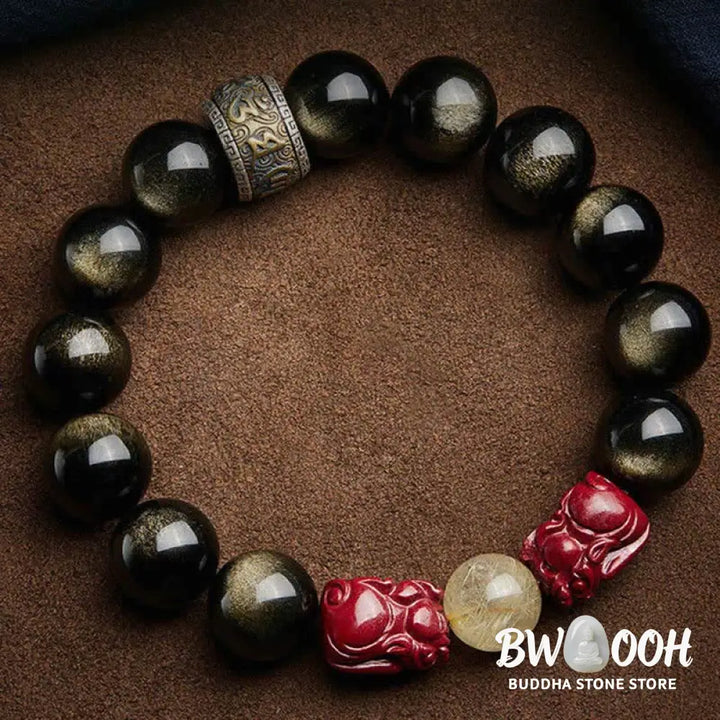 Buddha Stones Gold Sheen Obsidian PiXiu Cinnabar Om Mani Padme Hum Protection Bracelet - Gold Sheen Obsidian