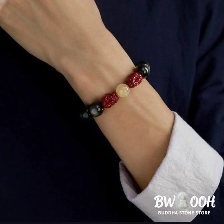 Buddha Stones Gold Sheen Obsidian PiXiu Cinnabar Om Mani Padme Hum Protection Bracelet - Gold Sheen Obsidian