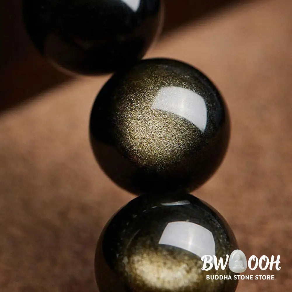 Buddha Stones Gold Sheen Obsidian PiXiu Cinnabar Om Mani Padme Hum Protection Bracelet - Gold Sheen Obsidian