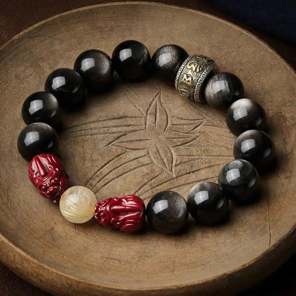 Buddha Stones Gold Sheen Obsidian PiXiu Cinnabar Om Mani Padme Hum Protection Bracelet - Gold Sheen Obsidian