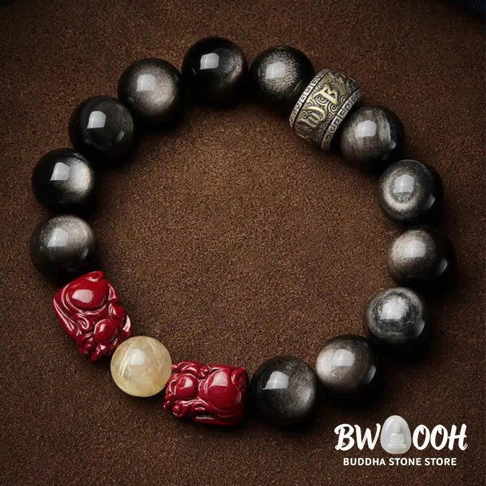 Buddha Stones Gold Sheen Obsidian PiXiu Cinnabar Om Mani Padme Hum Protection Bracelet - Gold Sheen Obsidian