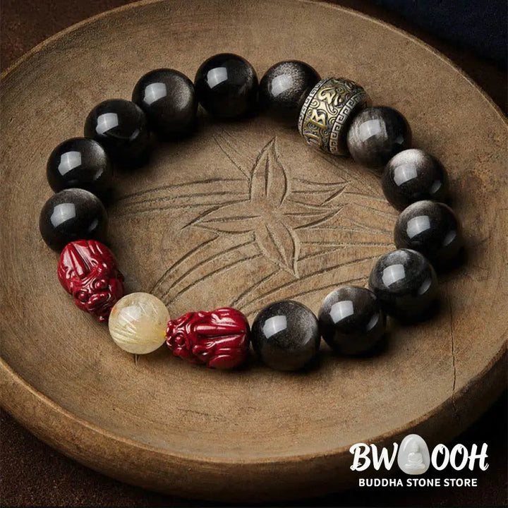 Buddha Stones Gold Sheen Obsidian PiXiu Cinnabar Om Mani Padme Hum Protection Bracelet - Gold Sheen Obsidian