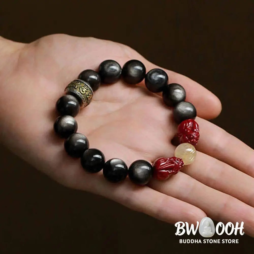 Buddha Stones Gold Sheen Obsidian PiXiu Cinnabar Om Mani Padme Hum Protection Bracelet - Gold Sheen Obsidian